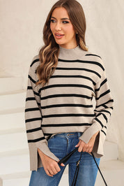 Camel Striped Slit Drop Shoulder Sweater | Sweaters Daverri Fashions
