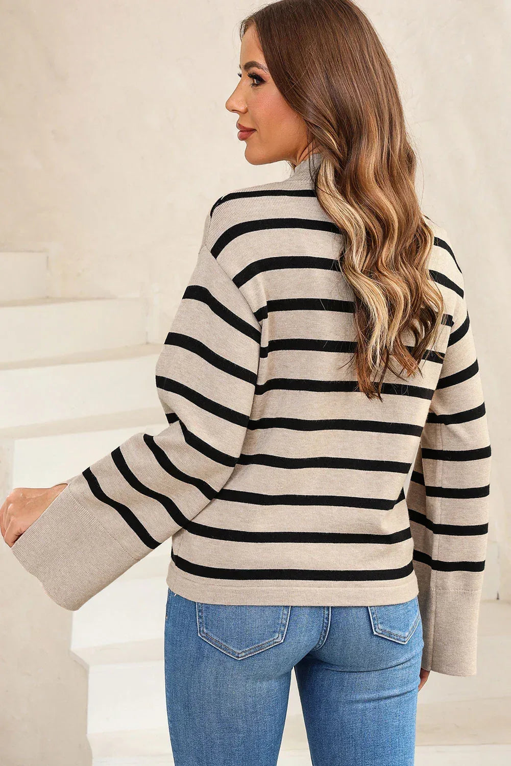 Striped Slit Drop Shoulder Sweater - DAVERRI FASHIONS