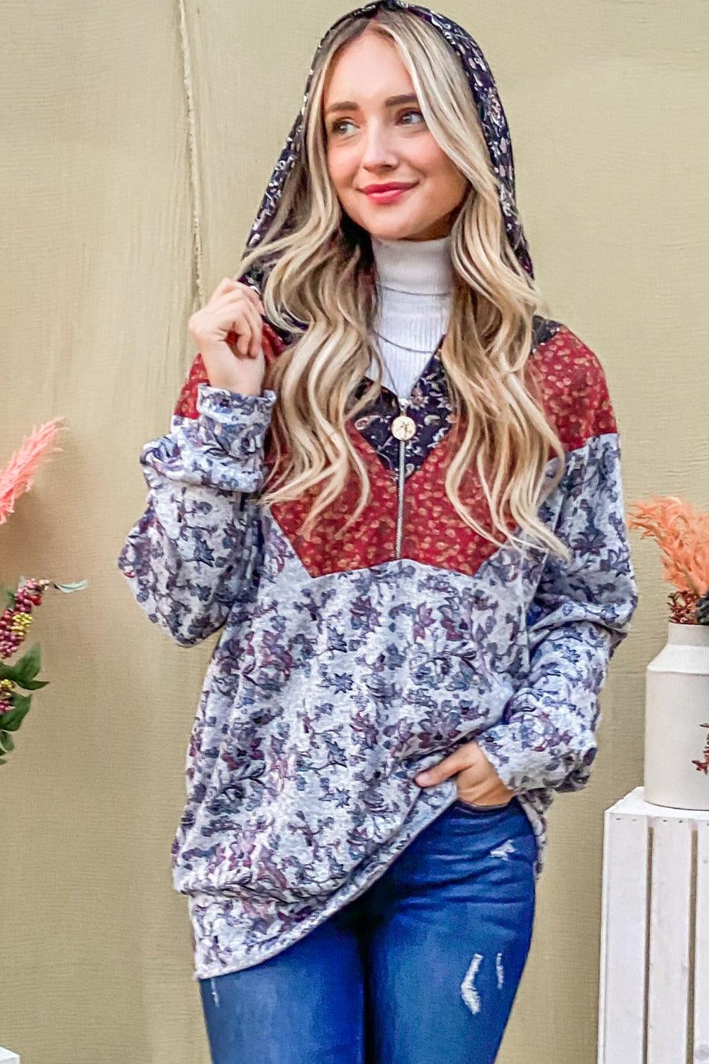 Grey And The Why Printed Half Zip Up Long Sleeve Hoodie | Daverri Fashions