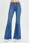 Blue Risen high-rise flared denim jeans with frayed hem