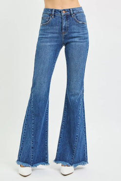 Blue Risen high-rise flared denim jeans with frayed hem