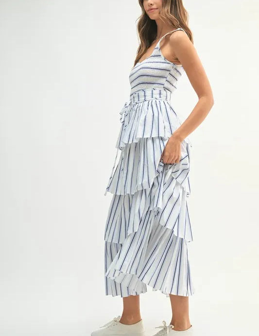 MABLE Pin Stripe Smocked Bodice Layered Midi Dress | Daverri Fashions