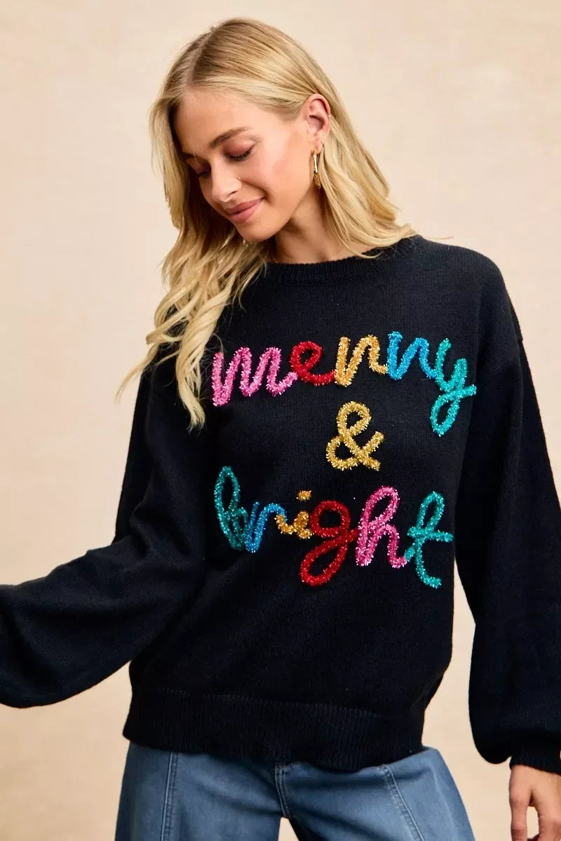 BiBi Tinsel Lettering Christmas Sweater - DAVERRI FASHIONS