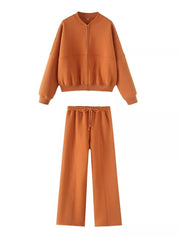 Orange Zip Up Top and Drawstring Pants Two-Piece Set | Loungewear Sets Daverri Fashions