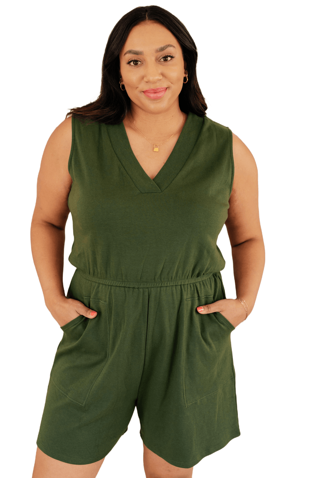 Sleeveless V-Neck Romper in Army Green Green Rompers