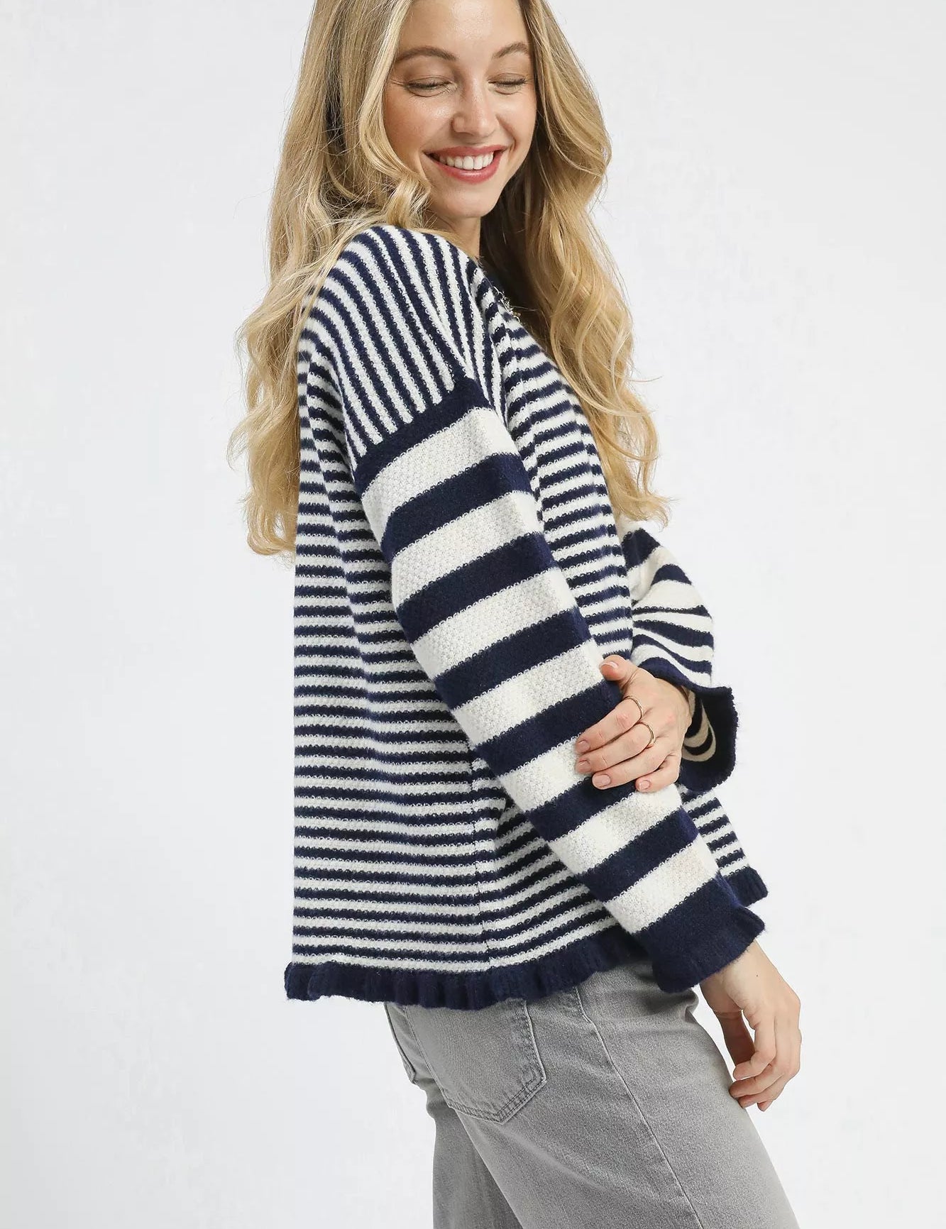 Umgee Ruffle Neck Stripe Sweater | Sweaters Daverri Fashions