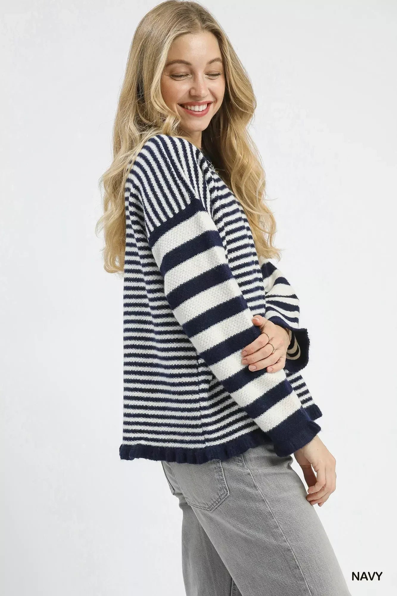 Umgee Ruffle Neck Stripe Sweater - DAVERRI FASHIONS