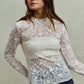 SO ME delicate ivory lace long-sleeve top with floral embroidery