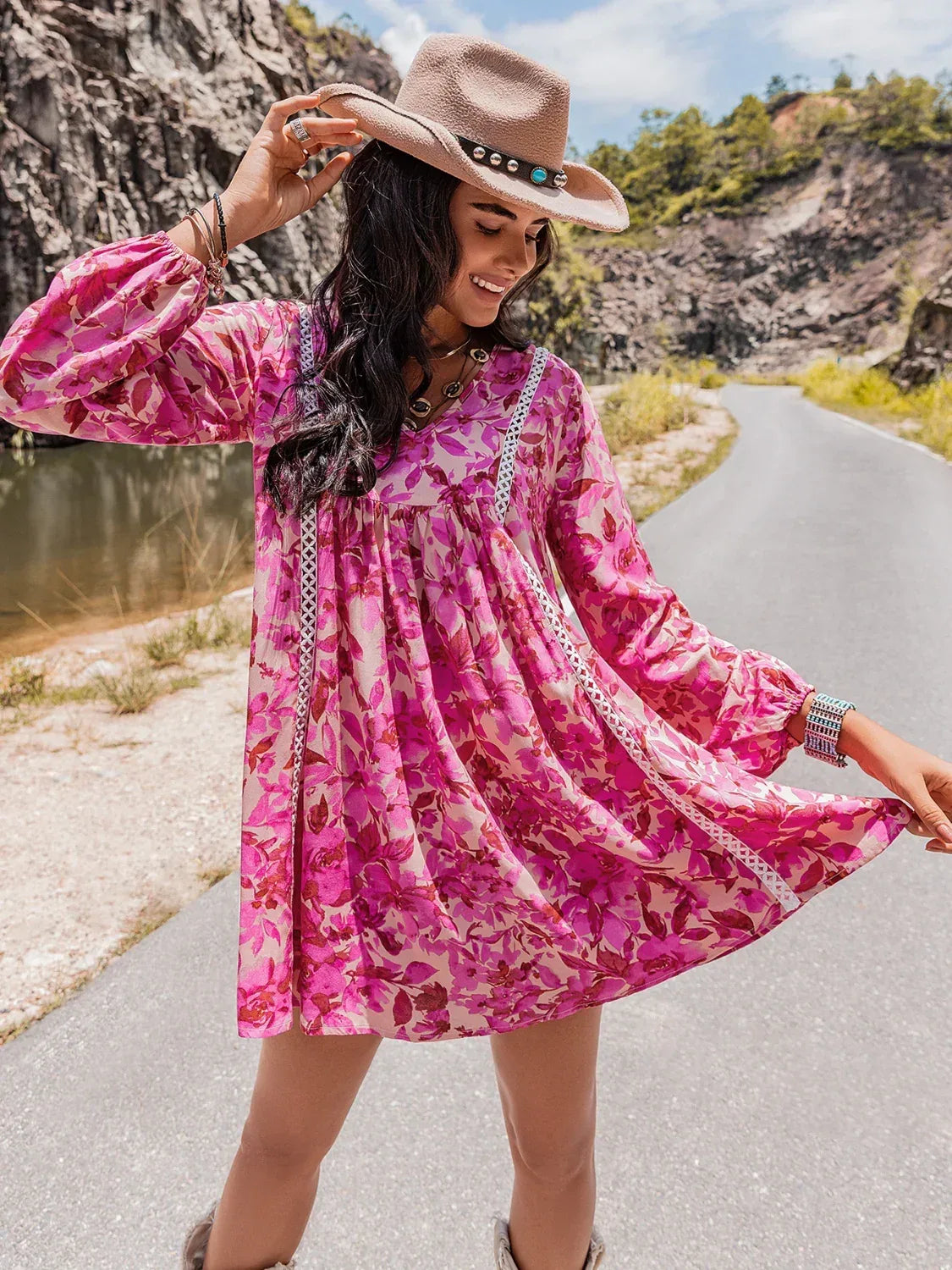 Long Sleeve V-Neck Mini Dress - DAVERRI FASHIONS