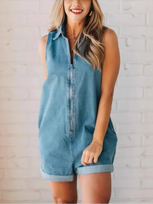 Zip Front Sleeveless Denim Romper - DAVERRI FASHIONS