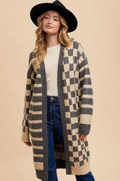 Annie Wear black and white checkered knit cardigan sweater