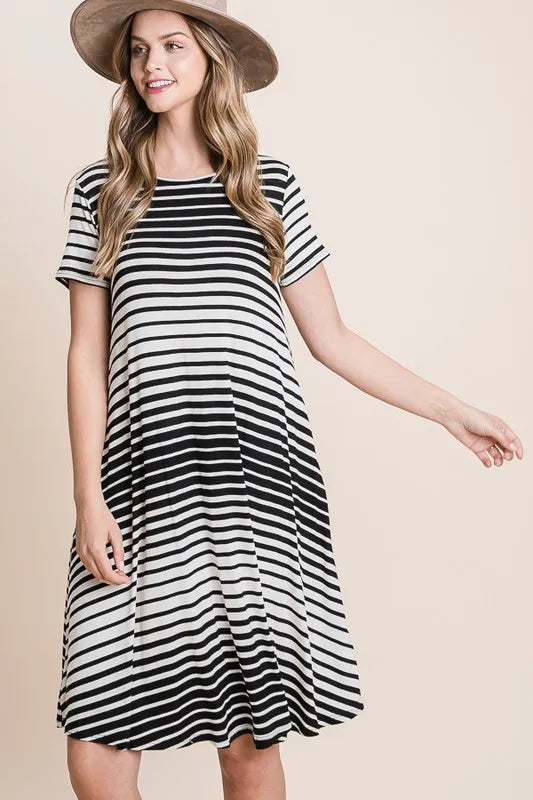BOMBOM Casual Stripe Round Neck Tee Dress