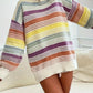 Rainbow Striped Drop Shoulder Oversized Sweater - DAVERRI FASHIONS