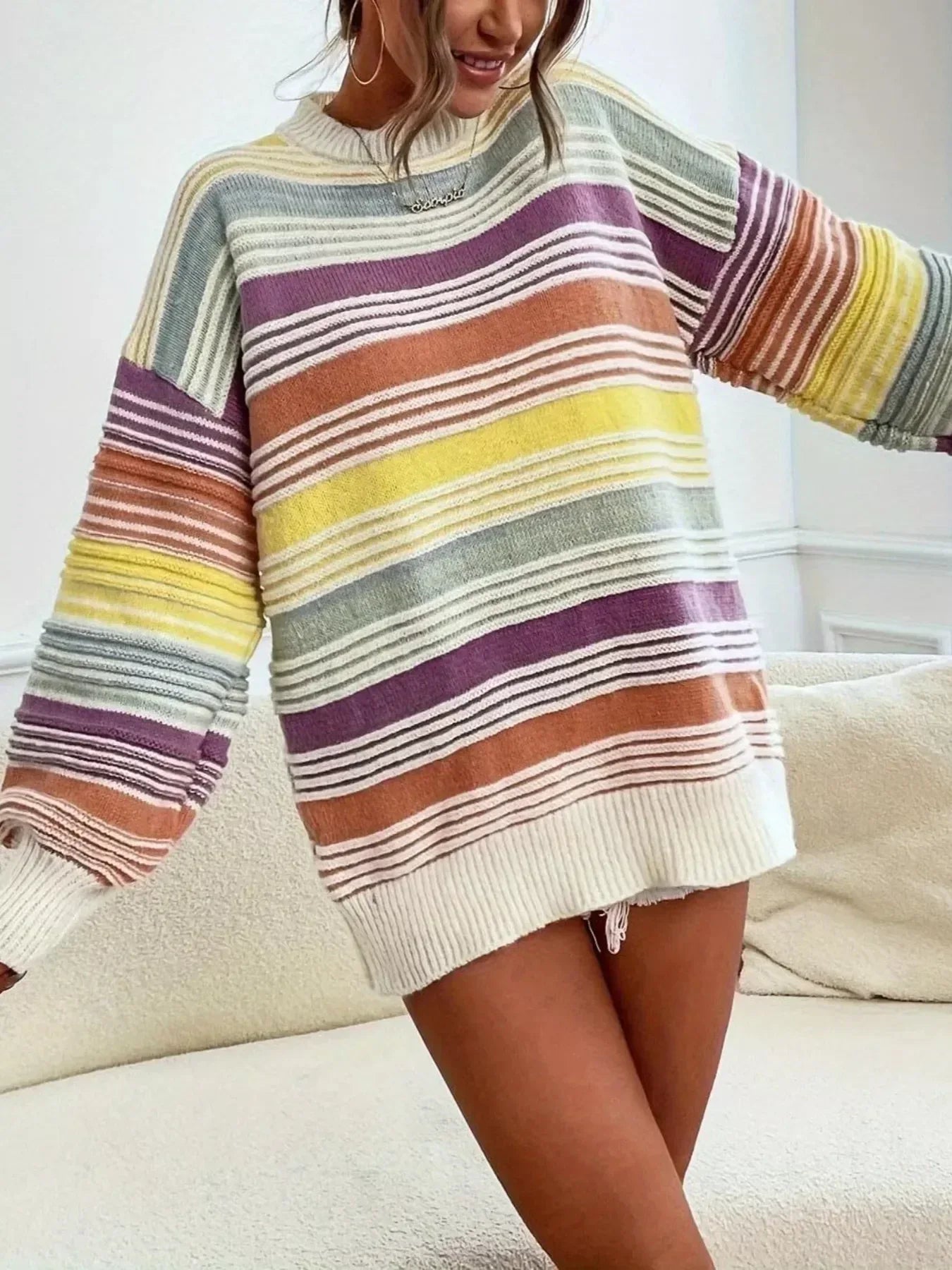 Rainbow Striped Drop Shoulder Oversized Sweater - DAVERRI FASHIONS