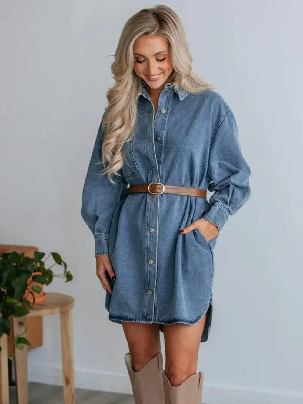 Button Up Collared Neck Long Sleeve Denim Dress - DAVERRI FASHIONS