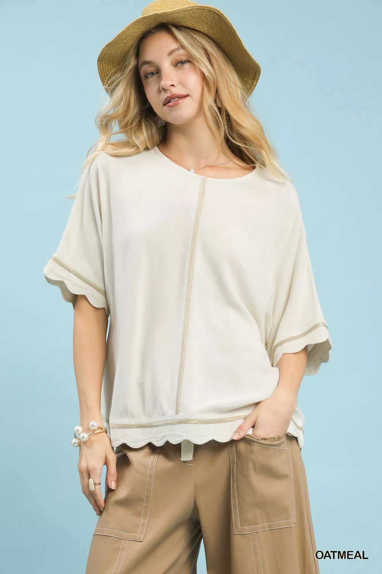 OATMEAL Umgee Linen Blend Scallop Trim Top | Tops Daverri Fashions