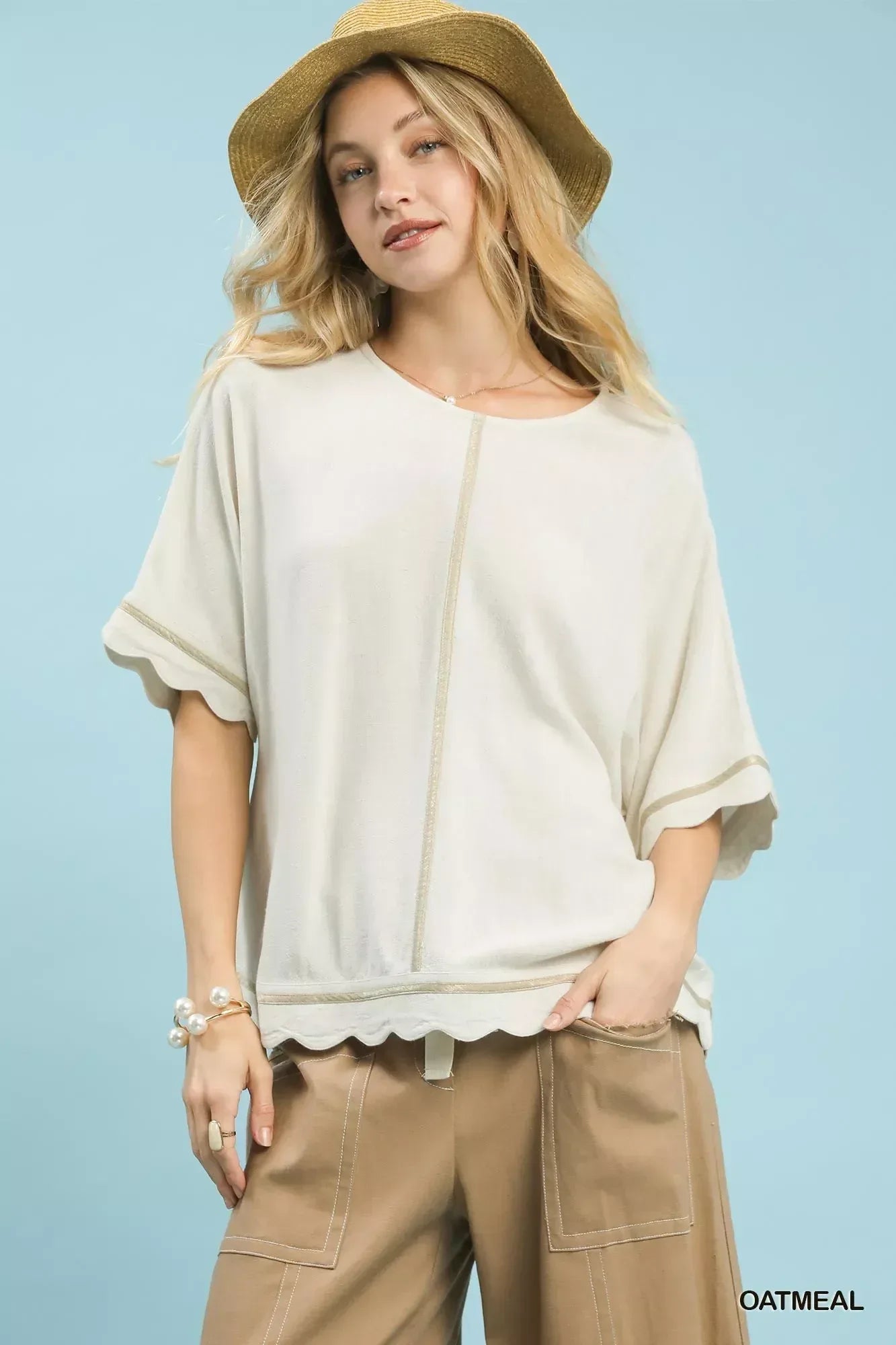 Umgee Linen Blend Scallop Trim Top - DAVERRI FASHIONS