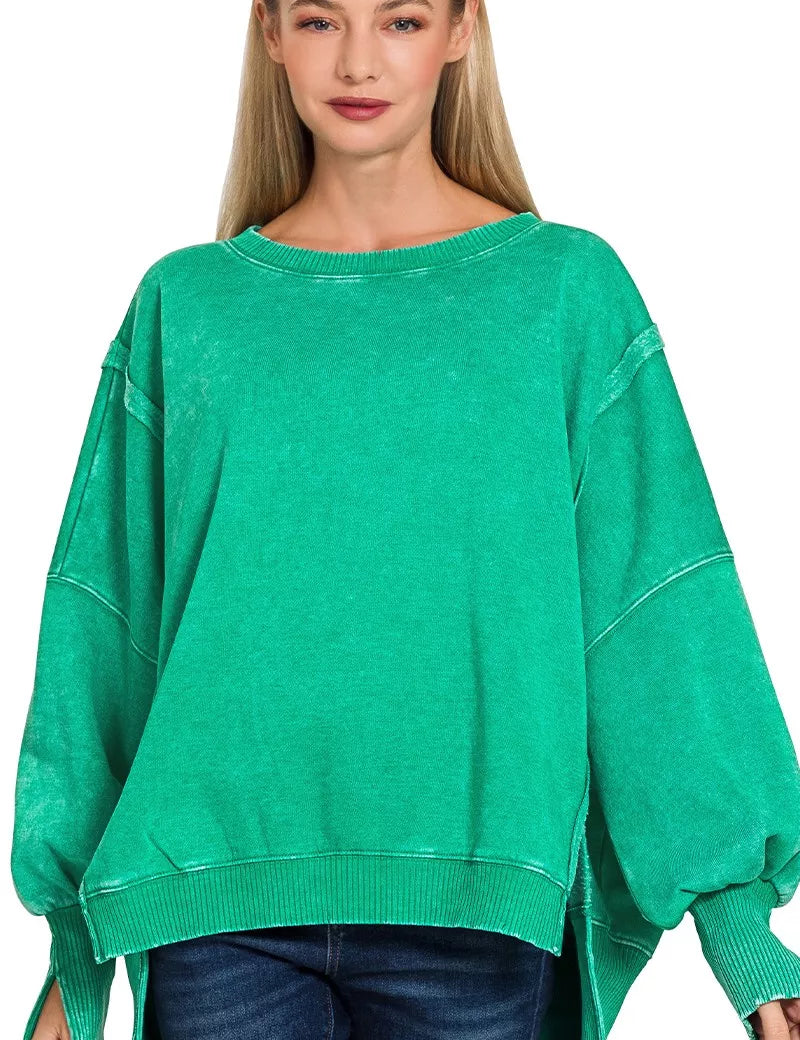 Zenana green oversized acid washed batwing fleece sweatshirt