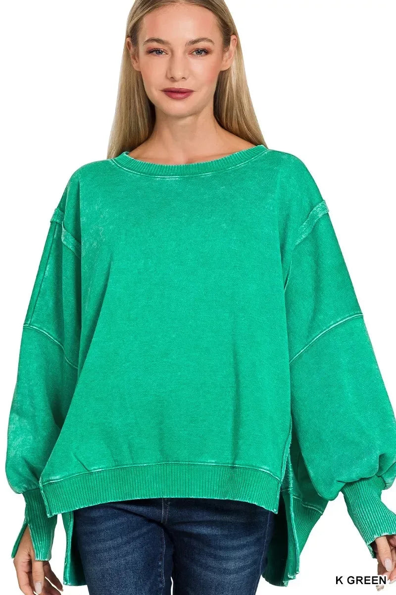 Zenana Acid Washed Batwing Sleeve Fleece Sweatshirt - DAVERRI FASHIONS