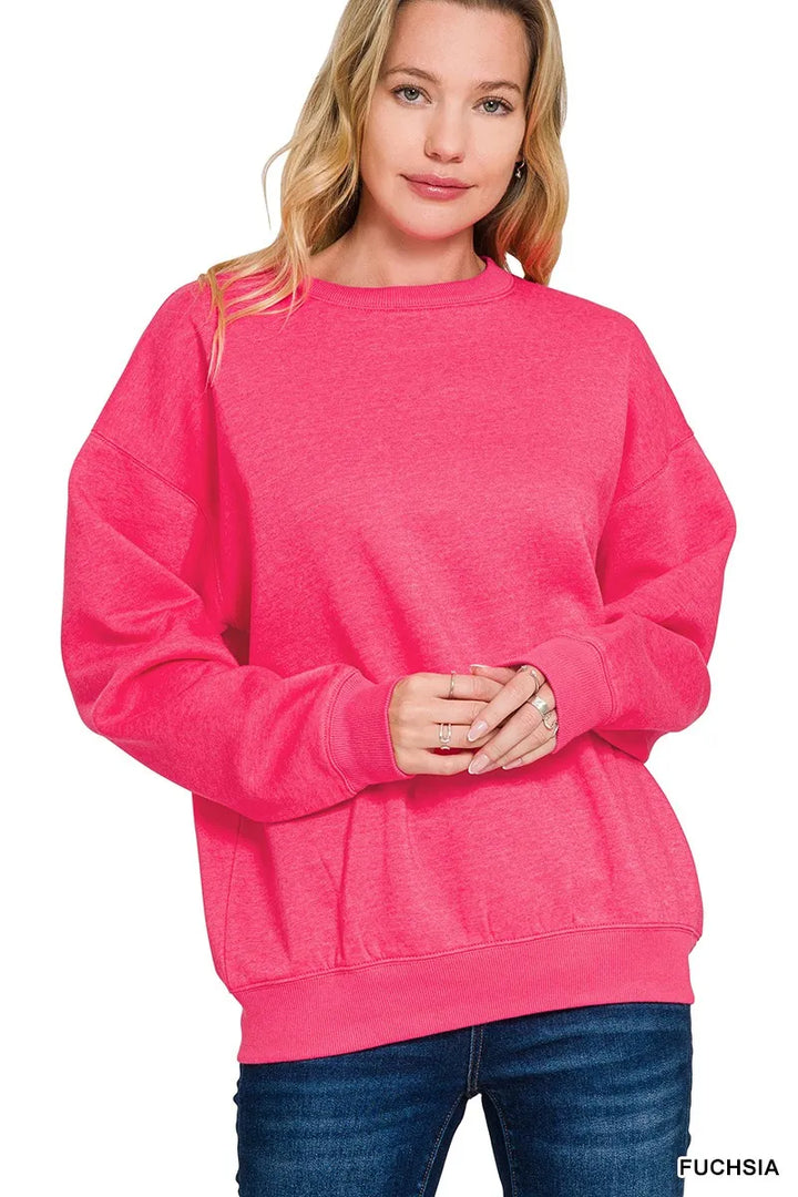 Zenana Fleece Crewneck Long Sleeve Sweatshirt FUCHSIA Sweatshirts