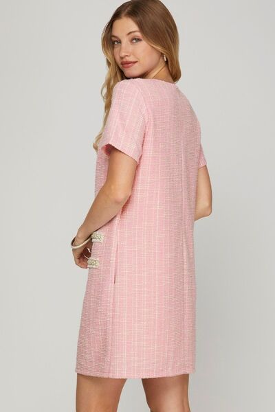 She + Sky Pink Short Sleeve Pearl Studded Trim Knit Tweed Dress Mini Dresses