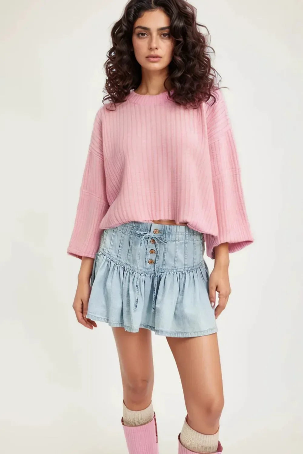 Buttoned Ruffled Mini Denim Skirt - DAVERRI FASHIONS