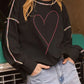 Valentine’s Day Rhinestone Heart Round Neck Long Sleeve Sweatshirt - DAVERRI FASHIONS