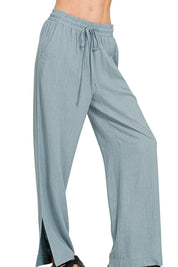 BLUE GREY Zenana Linen Drawstring Pants Blue Grey | Pants Daverri Fashions