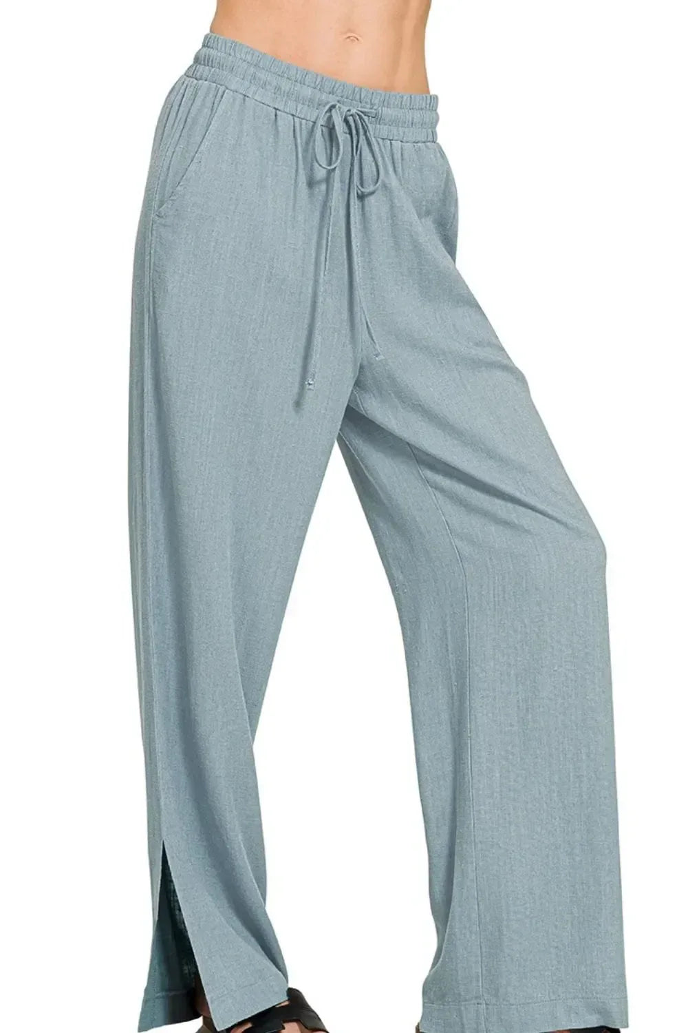 Zenana Linen Drawstring Pants Blue Grey - DAVERRI FASHIONS