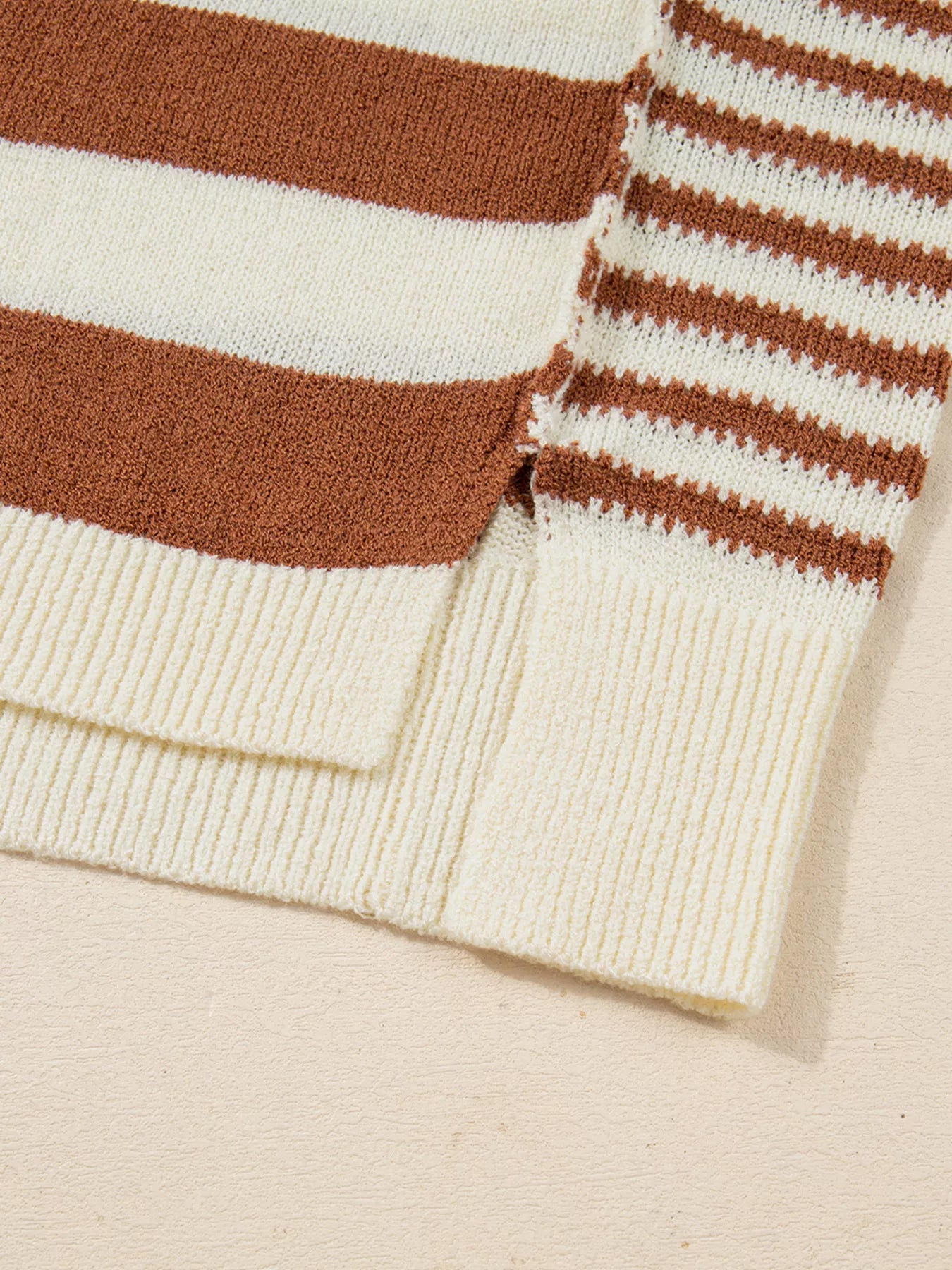 Cream and brown striped drop shoulder baggy wool sweater with ribbed cuffs