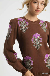 Umgee Single Flower Stem Jacquard Sweater | Sweaters Daverri Fashions
