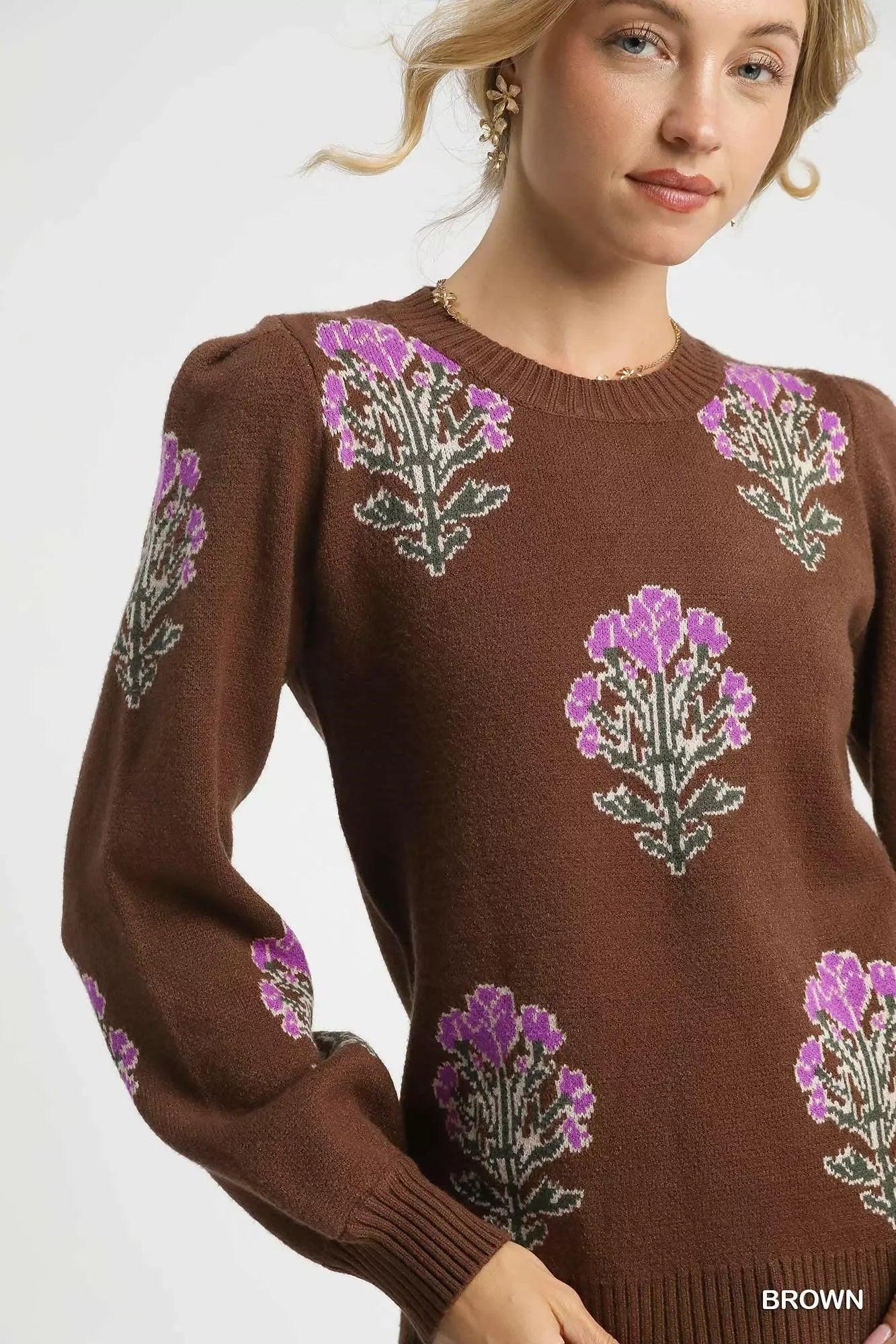 Umgee Single Flower Stem Jacquard Sweater - DAVERRI FASHIONS