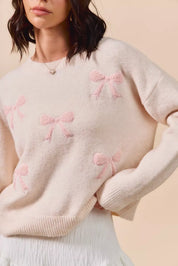 SO ME Embroidered Ribbon Round Neck Sweater | Sweaters Daverri Fashions