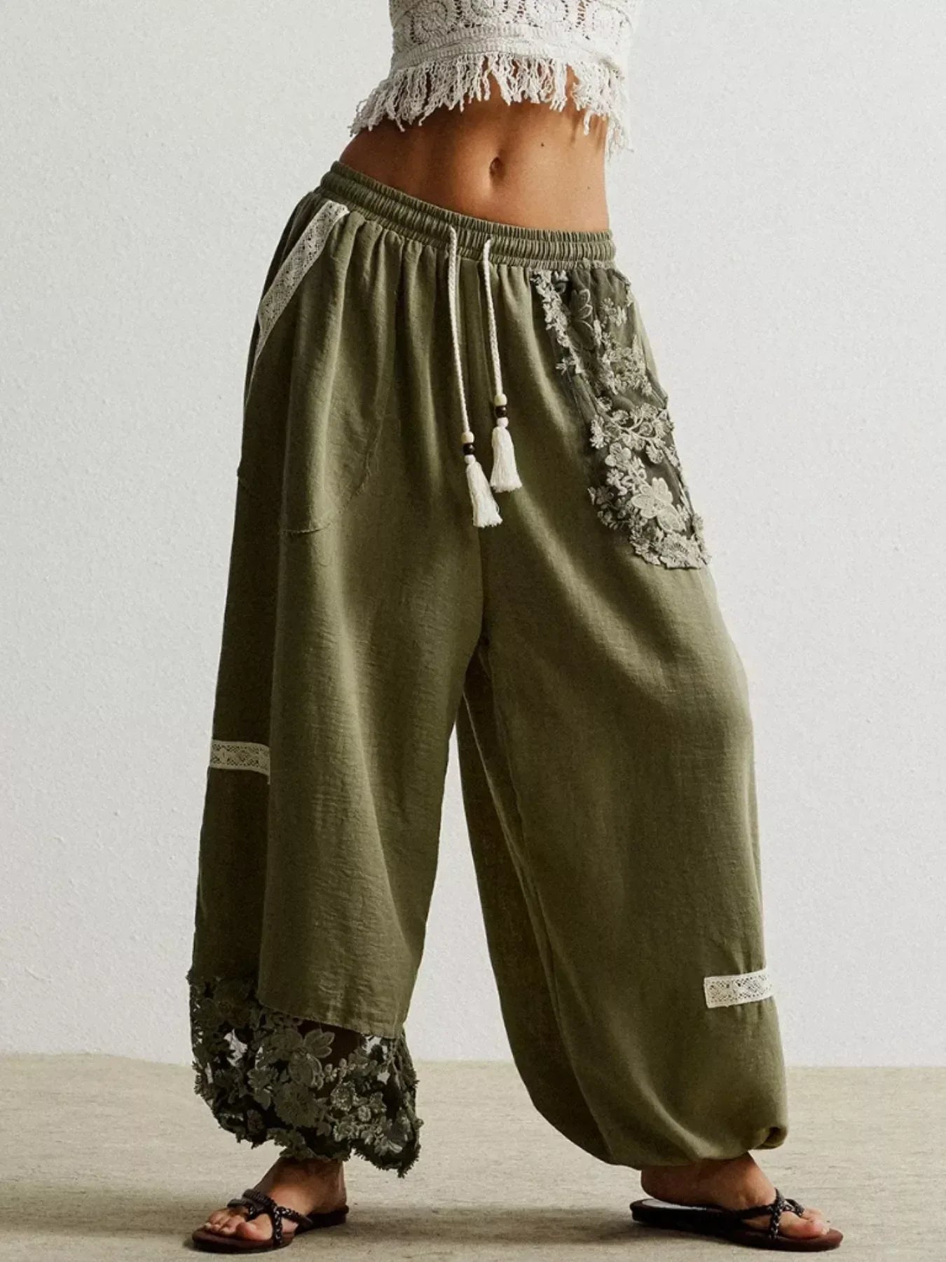 Lace Detail Drawstring Harem Pants - DAVERRI FASHIONS