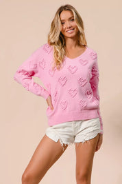 BiBi Valentines Heart Pompom V Neck Knit Top | Knit Tops Daverri Fashions