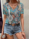 Bohemian paisley print V-neck short sleeve T-shirt in turquoise and white
