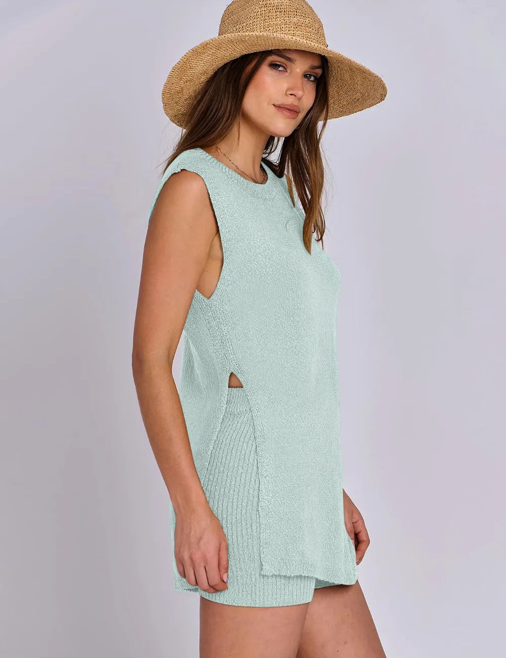 Side Slit Round Neck Tank and Ribbed Shorts Sweater Set | Outfit Sets Daverri Fashions