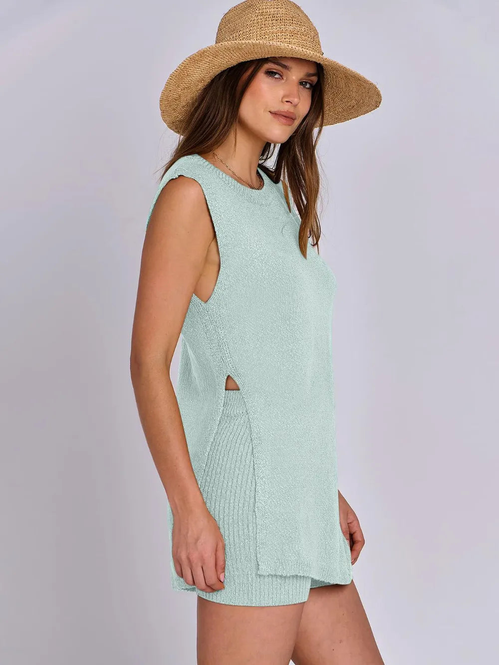Side Slit Round Neck Tank and Ribbed Shorts Sweater Set | Outfit Sets Daverri Fashions