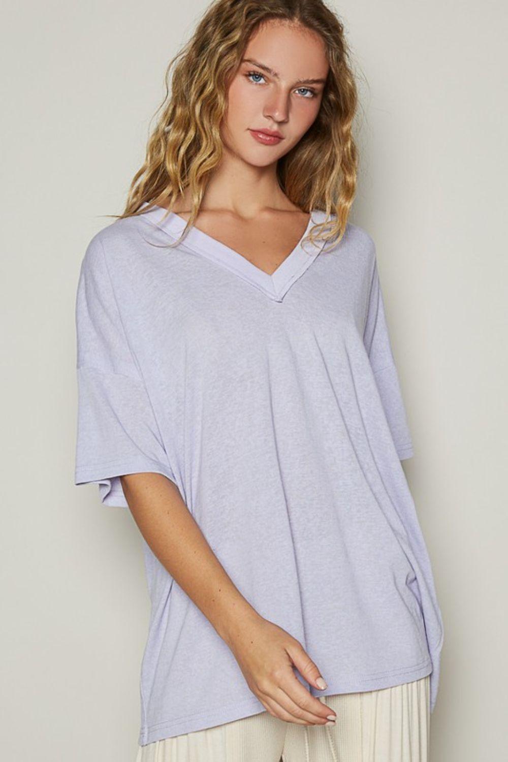 POL V-Neck Half Sleeve T-Shirt Lilac T-Shirts