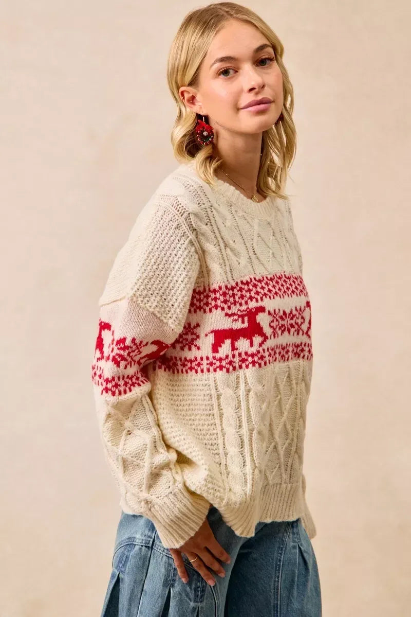 BiBi Christmas Theme Patterned Cable Knit Sweater - DAVERRI FASHIONS