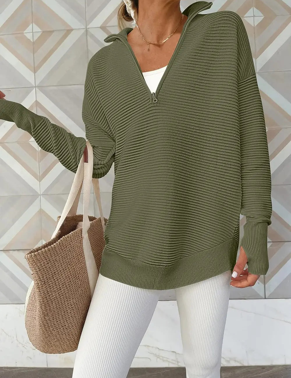 Moss Half Zip Long Sleeve Knit Top | Knit Tops Daverri Fashions