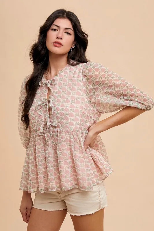 Annie Wear Printed Front Tie Closure Babydoll Blouse