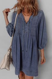 Tie Neck Long Sleeve Mini Denim Dress | Mini Dresses Daverri Fashions