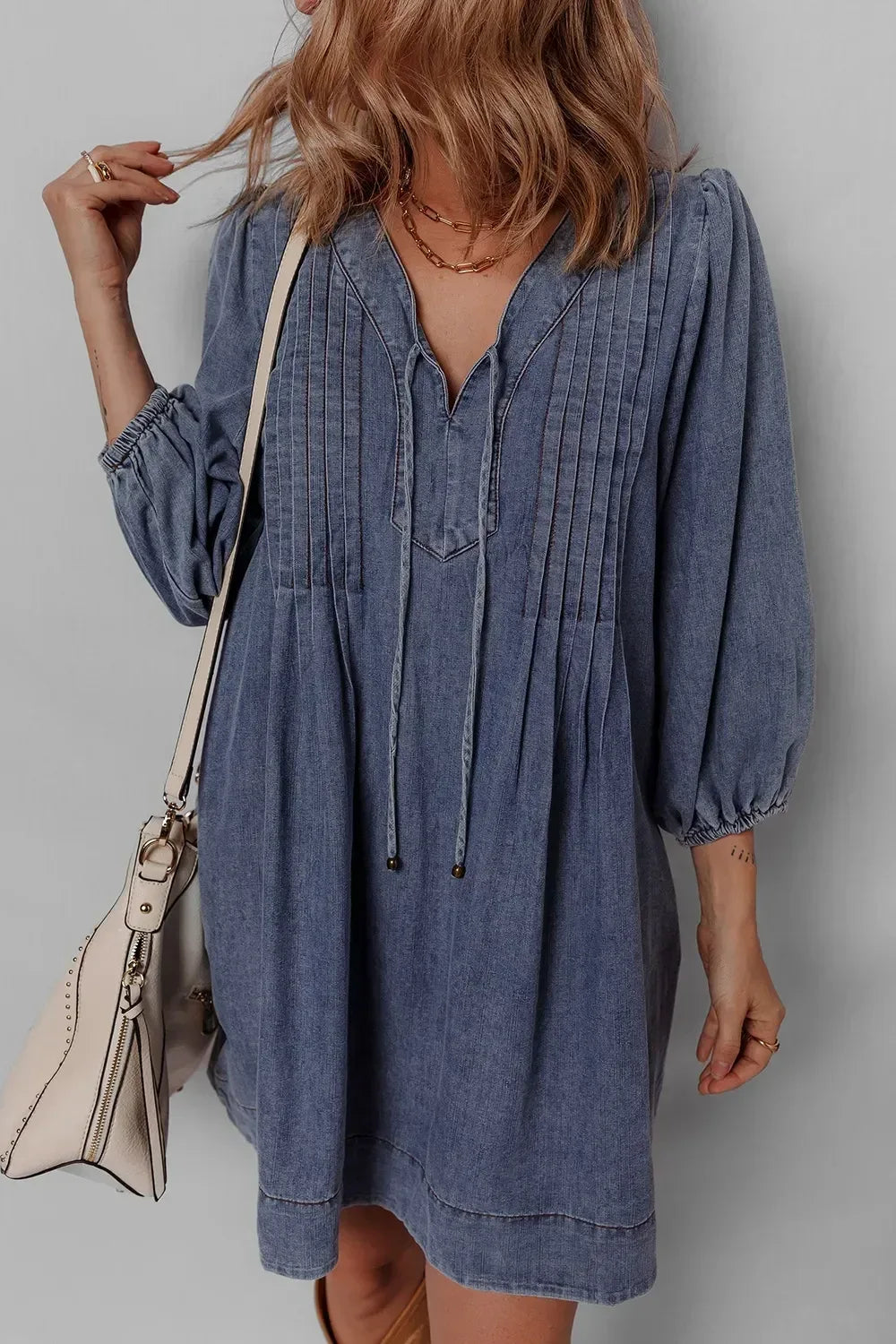 Tie Neck Long Sleeve Mini Denim Dress - DAVERRI FASHIONS