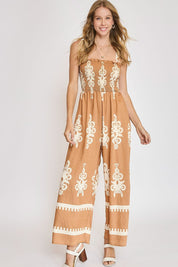 MOCHA Umgee Full Size Smocked Printed Wide Leg Jumpsuit Plus Size | Jumpsuits Daverri Fashions