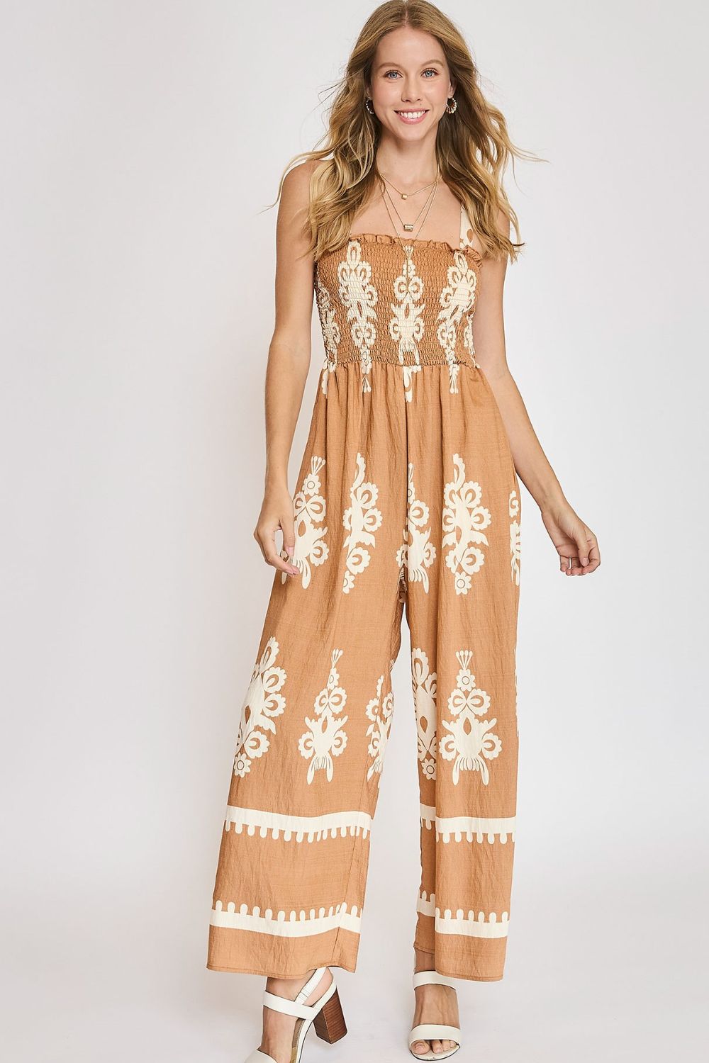Umgee Full Size Smocked Printed Wide Leg Jumpsuit Plus Size MOCHA Jumpsuits