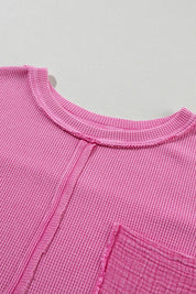 Pocketed Round Neck Three-Quarter Sleeve T-Shirt | Tops Daverri Fashions