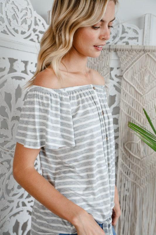 STRIPE OFF SHOULDER BUTTON DOWN TOP Shirts & Tops