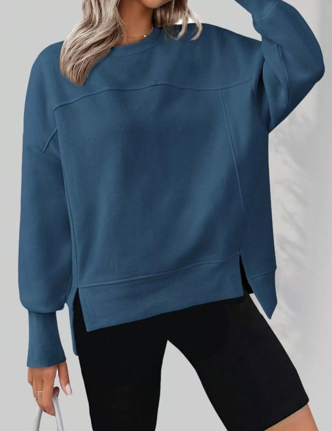 Dark Blue Slit Round Neck Dropped Shoulder Sweatshirt | Sweatshirts Daverri Fashions