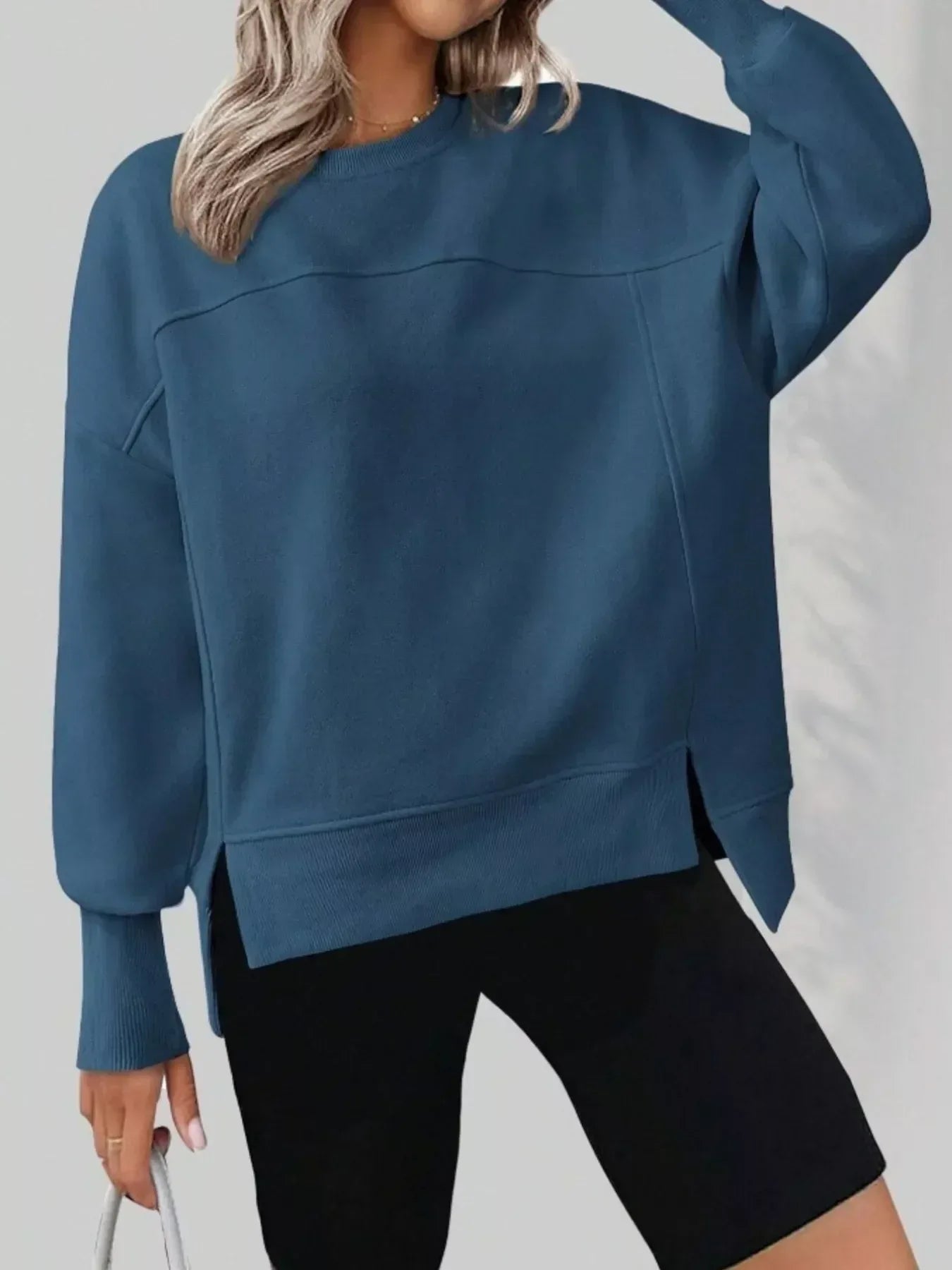 Slit Round Neck Dropped Shoulder Sweatshirt - DAVERRI FASHIONS